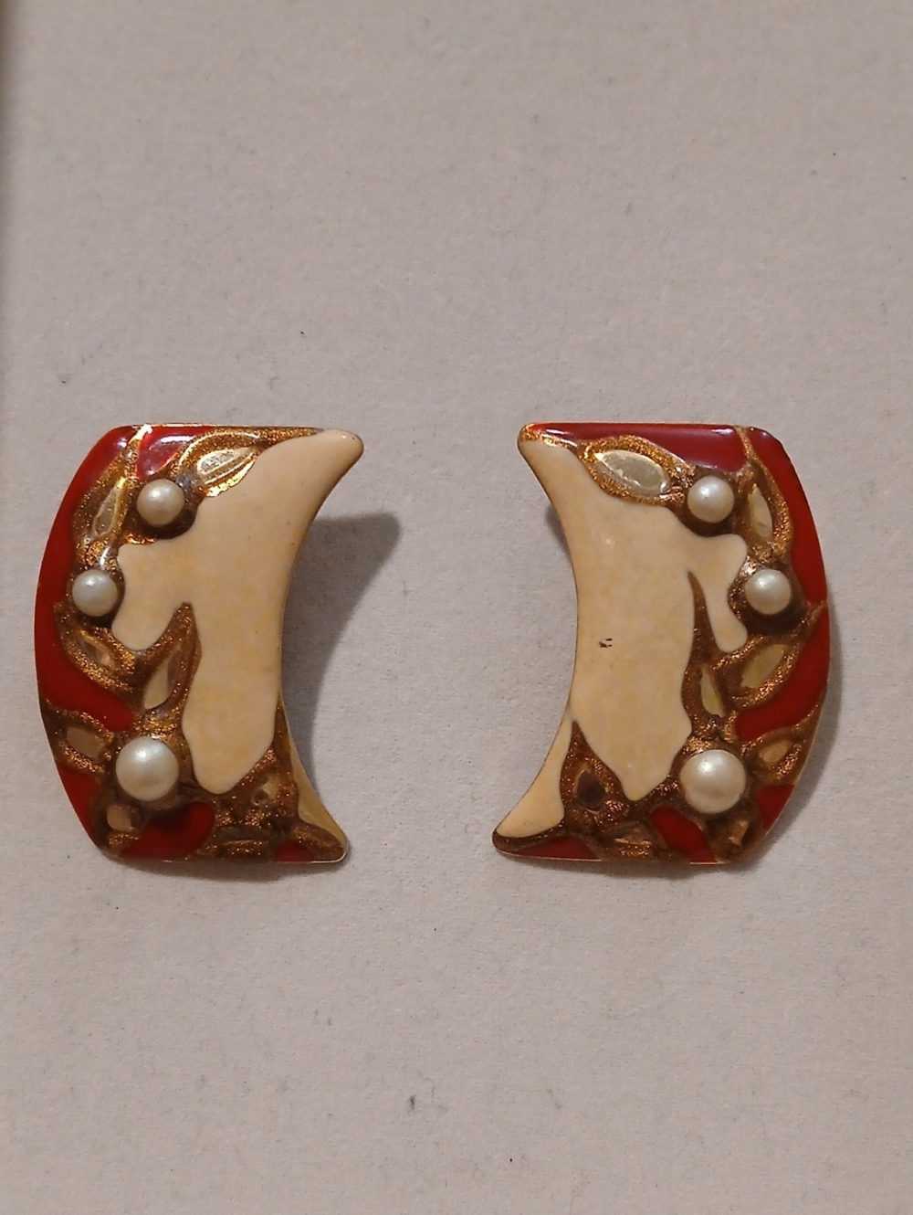 Handcrafted Red and Cream Crescent Pearl Accent Earrings